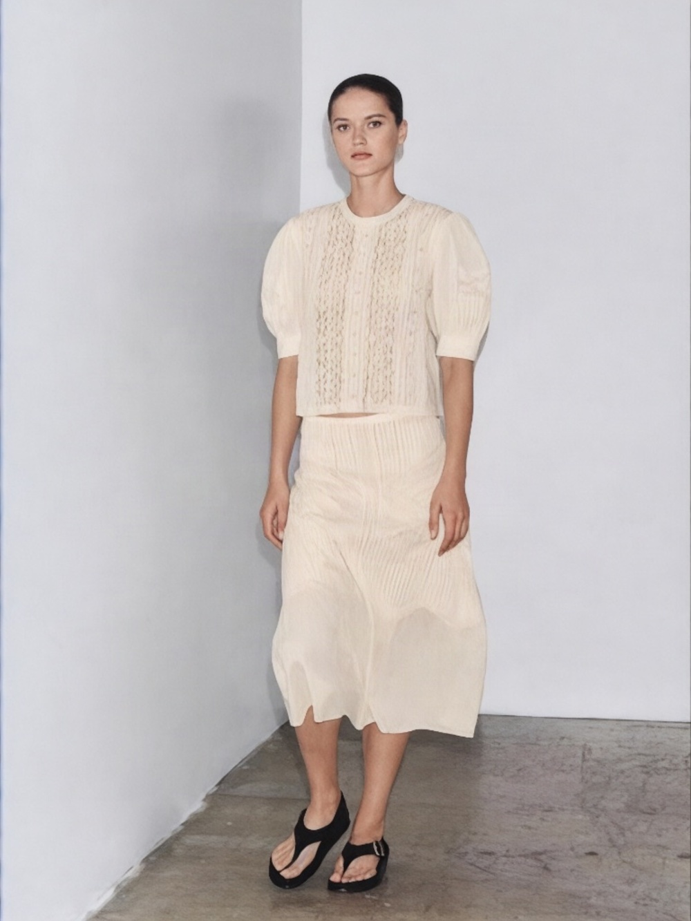 NWT Zara ZW Collection Cotton Lace Puff Sleeve Blouse Ecru M
